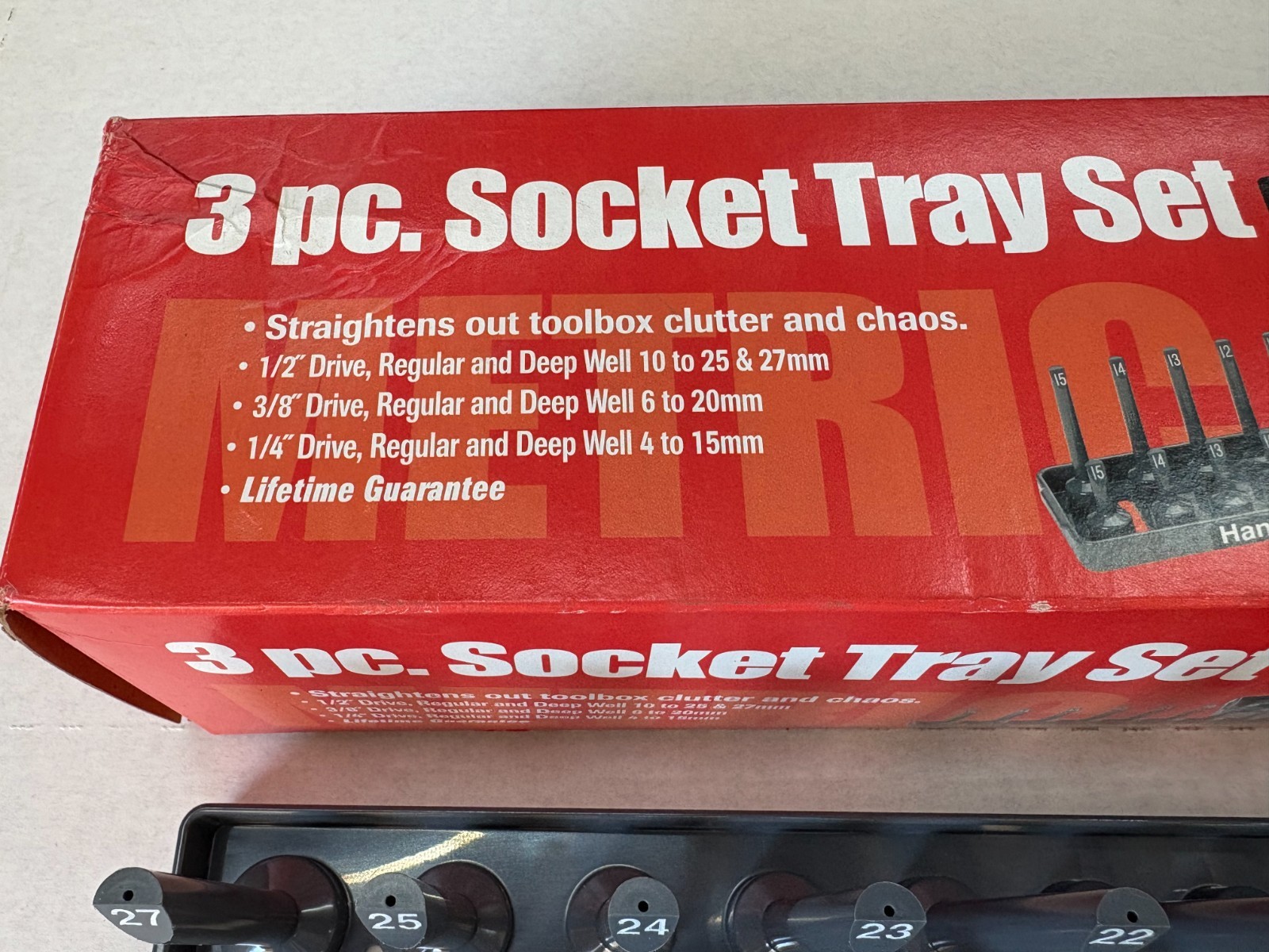 HANSEN 3 PIECE METRIC SOCKET ORGANIZER TRAY RACK HOLDER MM 1/4, 3/8, 1/2” DRIVE