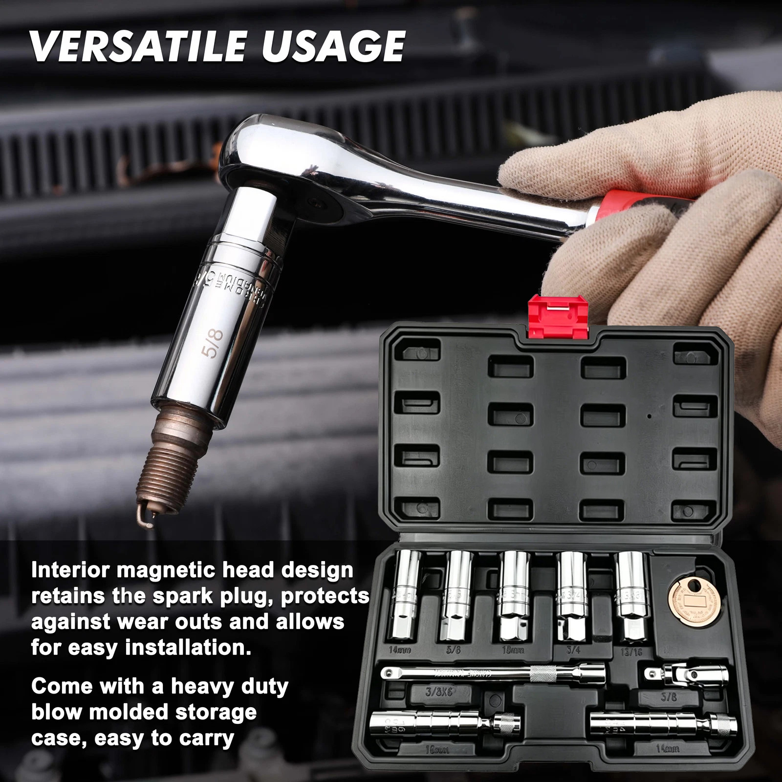 10PCS 3/8″Drive Magnetic Spark Plug Socket Set 6PT&12PT Extension Bar CR-V Steel