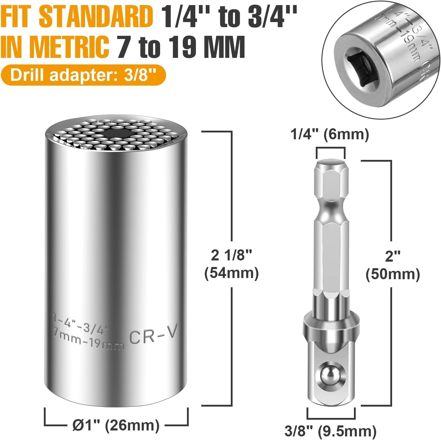 Universal Socket Set, 11-32mm, 7-19mm, 3/8″ 1/2″ Adapters, Polished