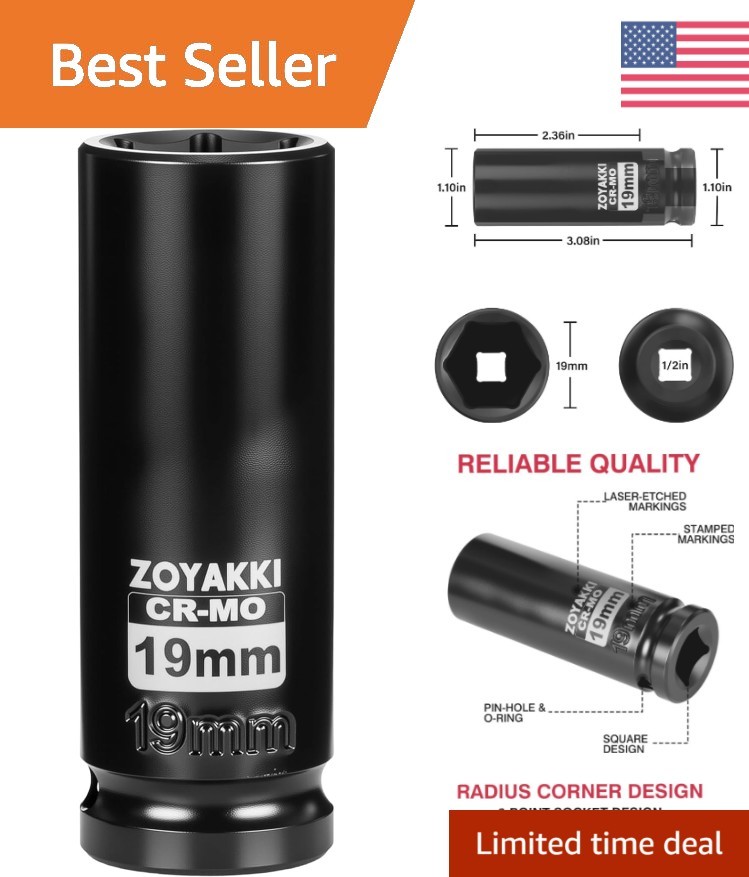 Durable 1/2″ Drive 19mm Deep Socket – Black Phosphate Finish, High Compatibility