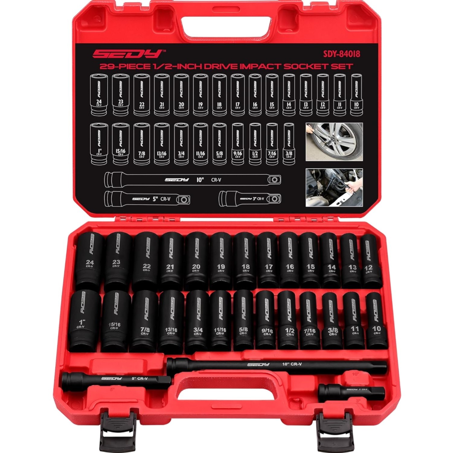 29-Piece Impact Socket Set Chrome Vanadium SAE Metric Deep Shallow High Durab…