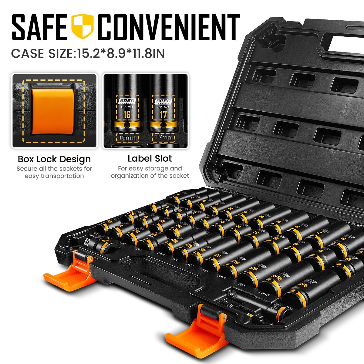 BOEN Pro 3/8″ Drive Impact Socket Set, 43-Piece SAE(5/16″-3/4″) & Metric(8-19mm)
