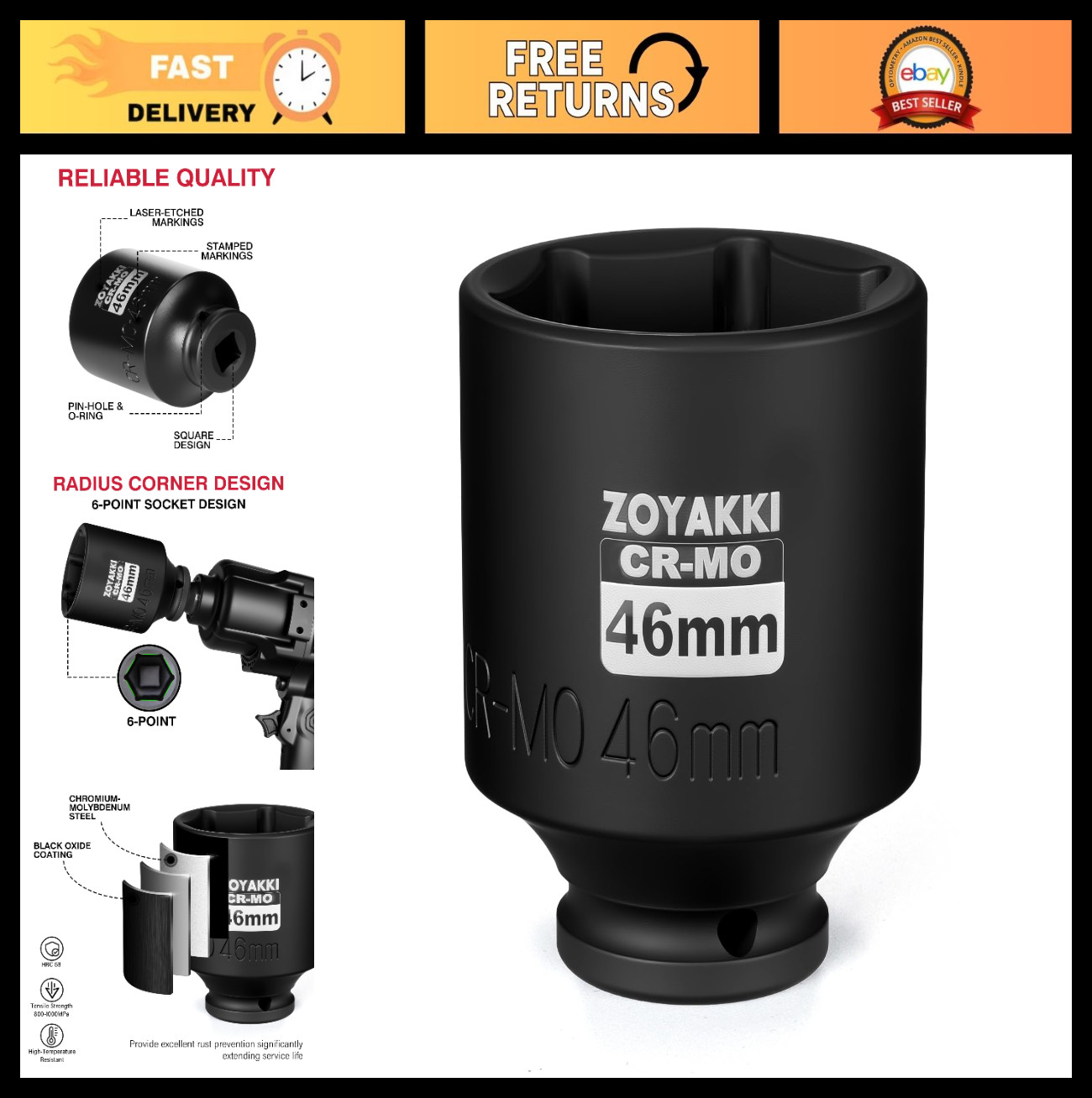 46mm Deep 6 Pt CR-MO Metric Impact Socket – 1/2″ Drive for Axle Nuts