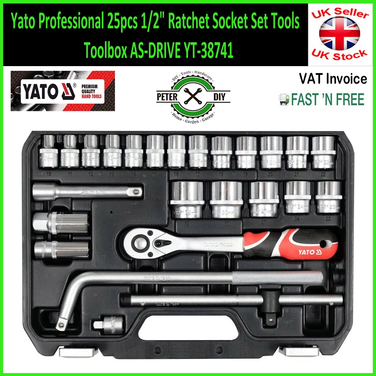 Yato Professional 25pcs 1/2″ Ratchet Socket Set Tools Toolbox AS-DRIVE YT-38741