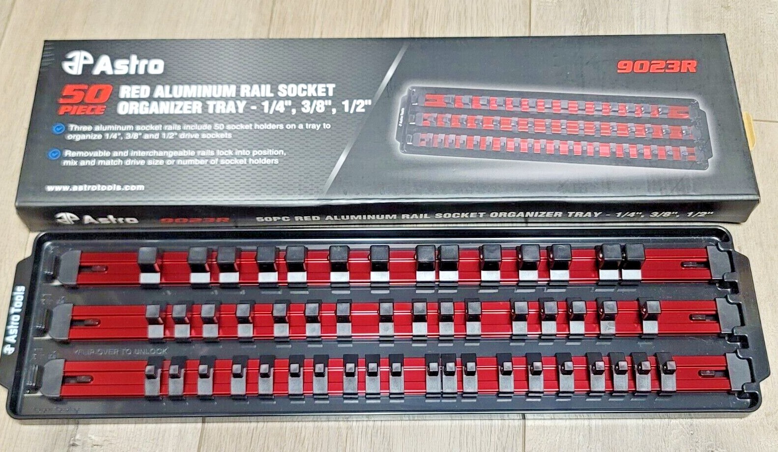 Astro 3 Row 50pc Socket Organizer Tray w/1/4, 3/8 & 1/2 dr Aluminum Rails #9032R