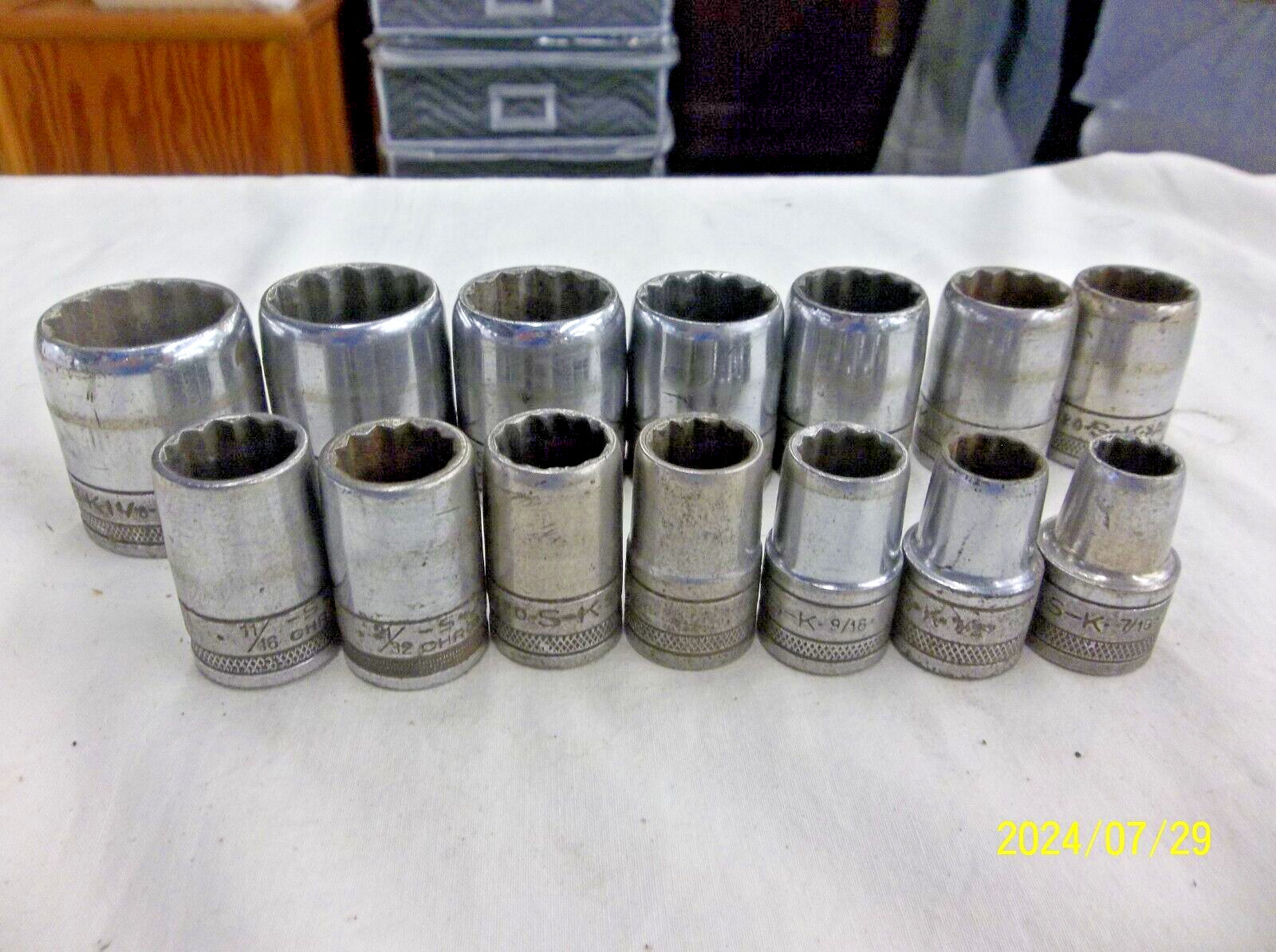 SK Tools 1/2″ Drive 12pt SAE Socket 14pc Set – 7/16″ to 1-1/8″ – vintage usa