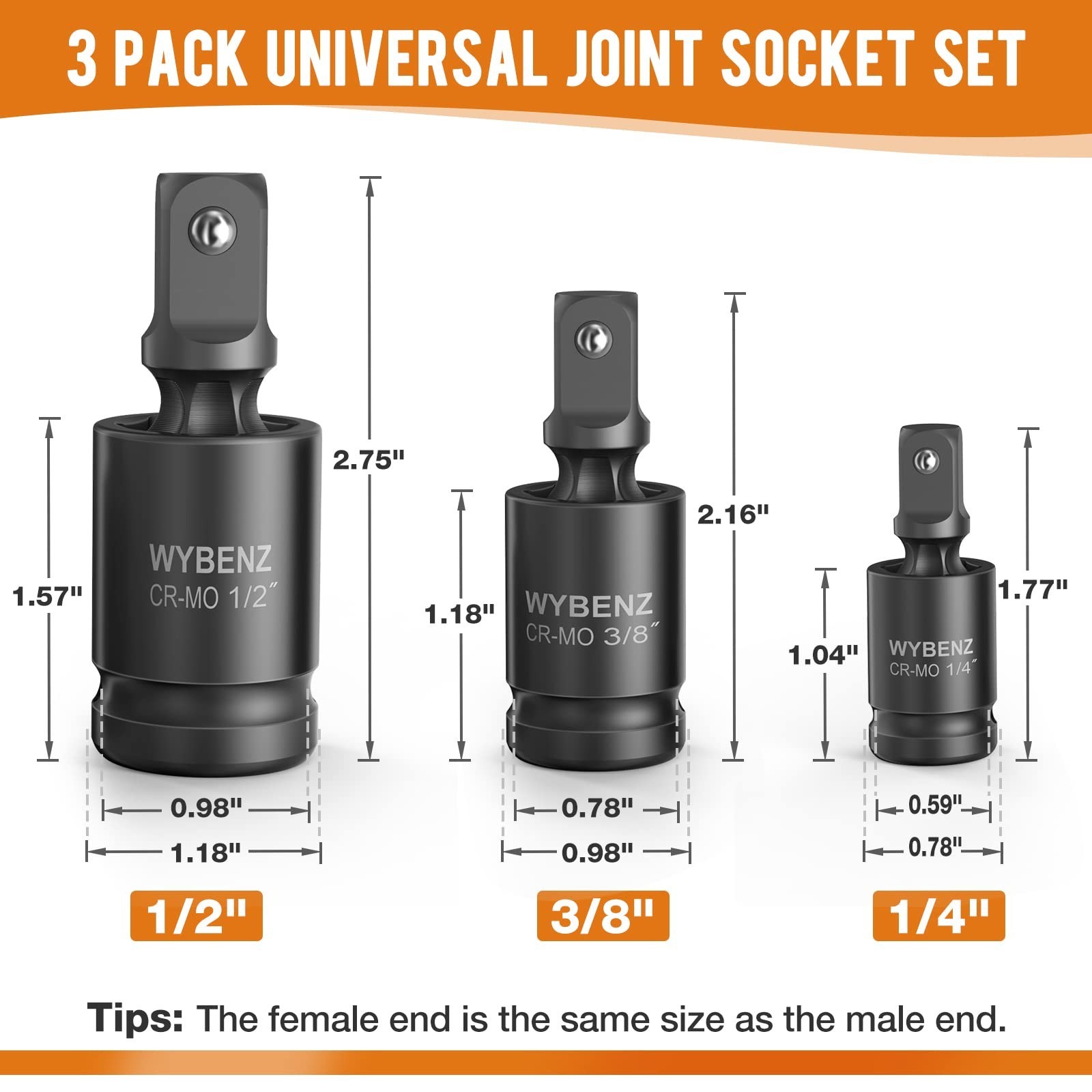 Universal Joint Swivel Socket Adapter Set – 3 Pcs 1/4″, 3/8″, 1/2″ Impact Wrench