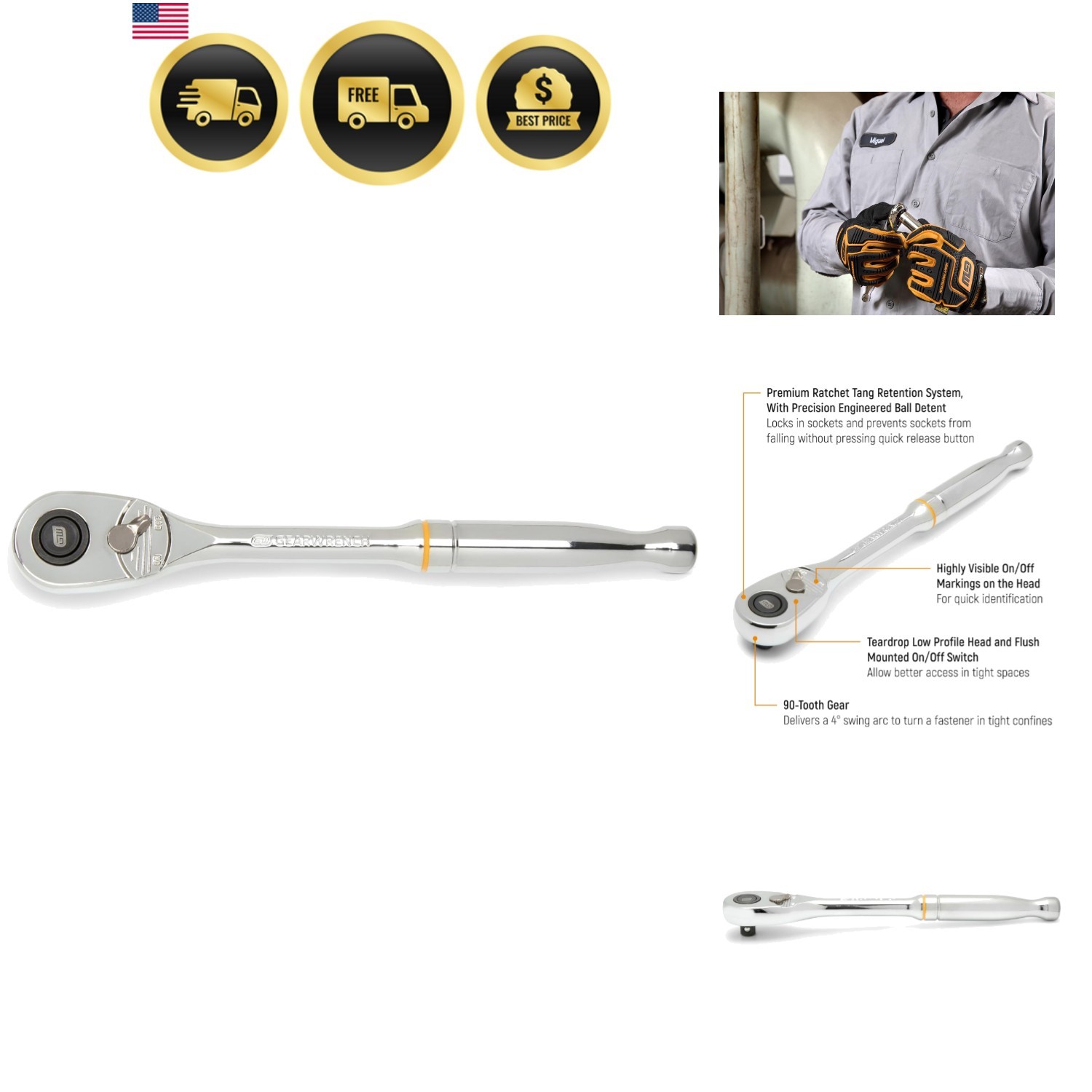 3/8″ Drive 90-Tooth Quick Release Teardrop Ratchet | 81218T