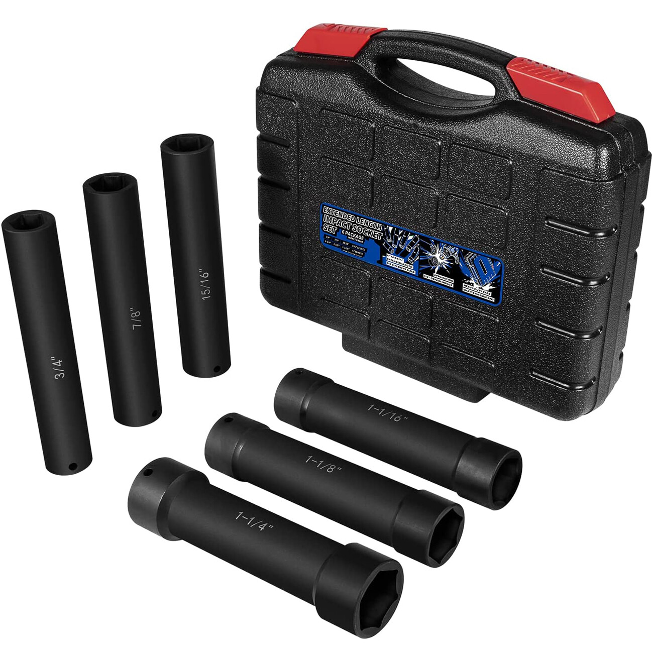 1/2″ Drive Extended Length Impact Socket 5 Size- 3/4” 7/8” 15/16″ 1-1/16” 1-1/8”