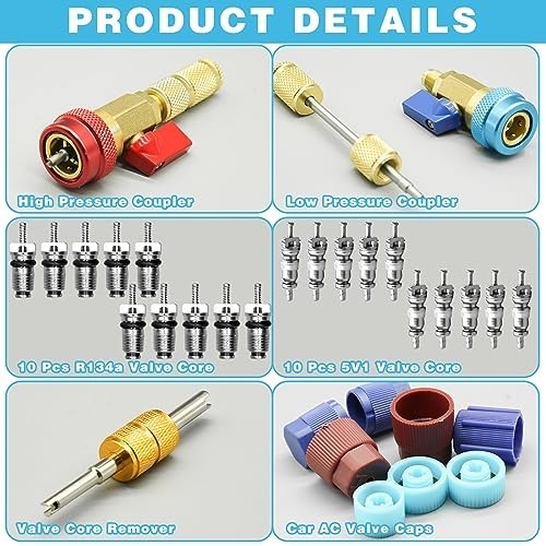 31Pcs R134A AC Valve Core Removal Tool Set, High/Low Pressure Installer Kit, Ref