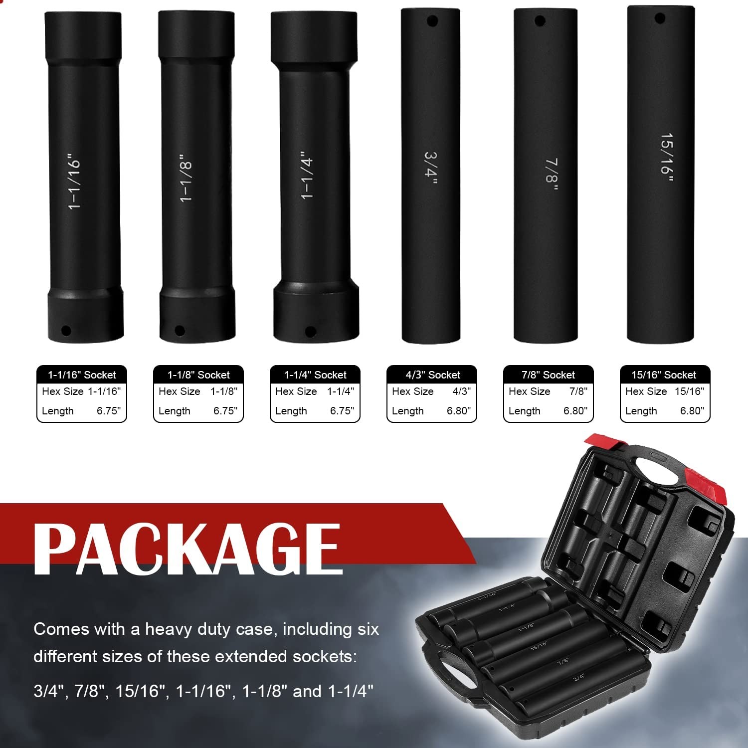 1/2 Inch Drive Heavy Duty Extended Length Extra-Deep Length Impact Socket Set