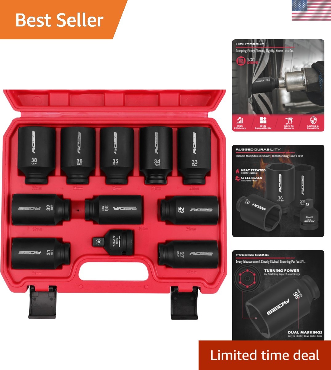 Portable 1/2 Drive Deep Impact Socket Set – 11 Pieces for Truck and Bearing Use