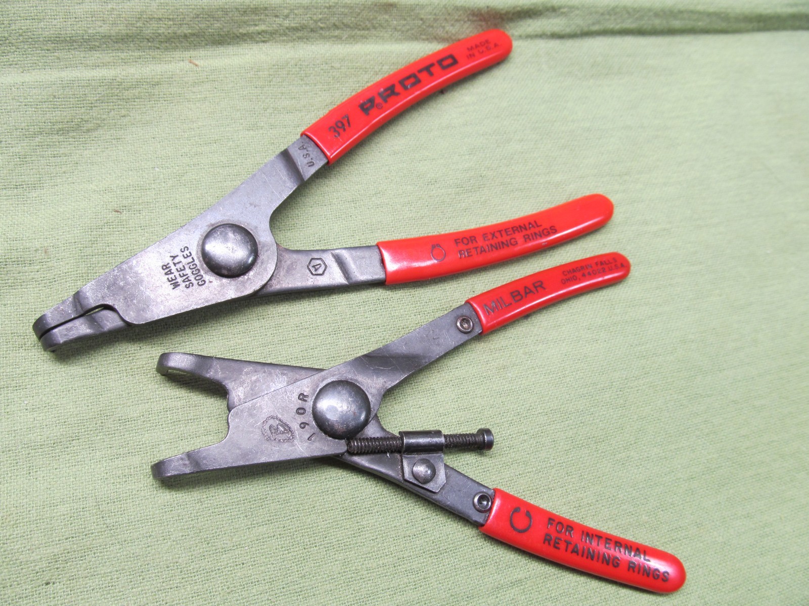 Pair of USA Made Snap Ring Pliers – 6″ External PROTO & 5.5″ Internal MILBAR