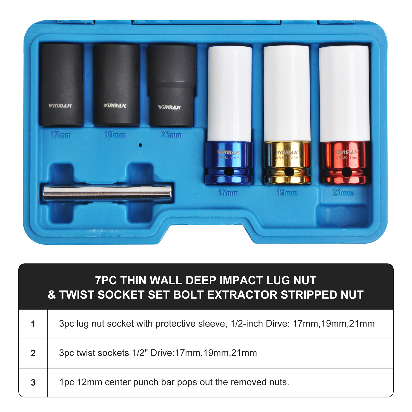 1/2″ Deep Impact Lug Nut & Twist Socket Set Bolt Extractor Stripped Nut 17-22mm