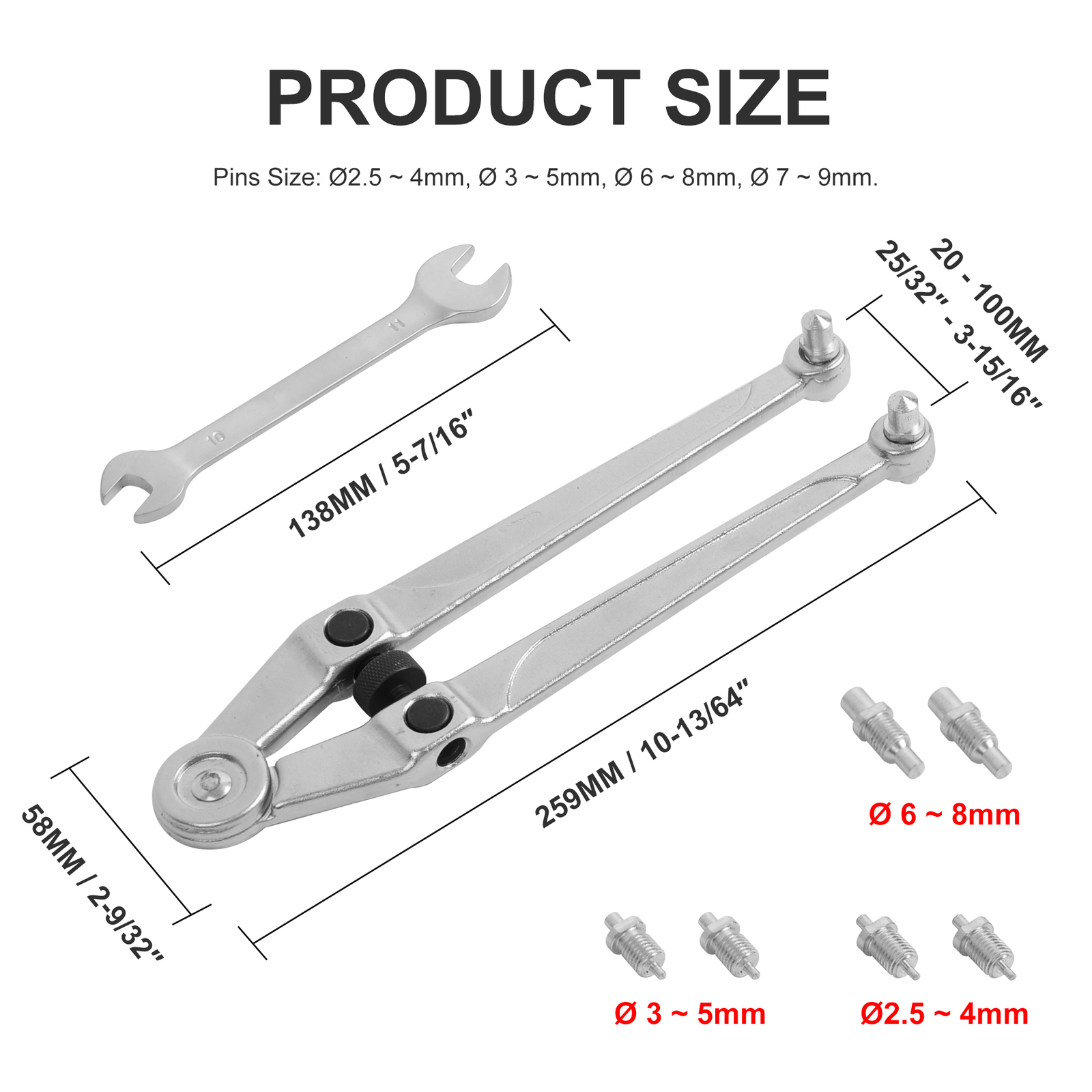 Adjustable Pin Spanner Set Gland Nuts Wrench with top holes, 25/32″ – 3-15/16″