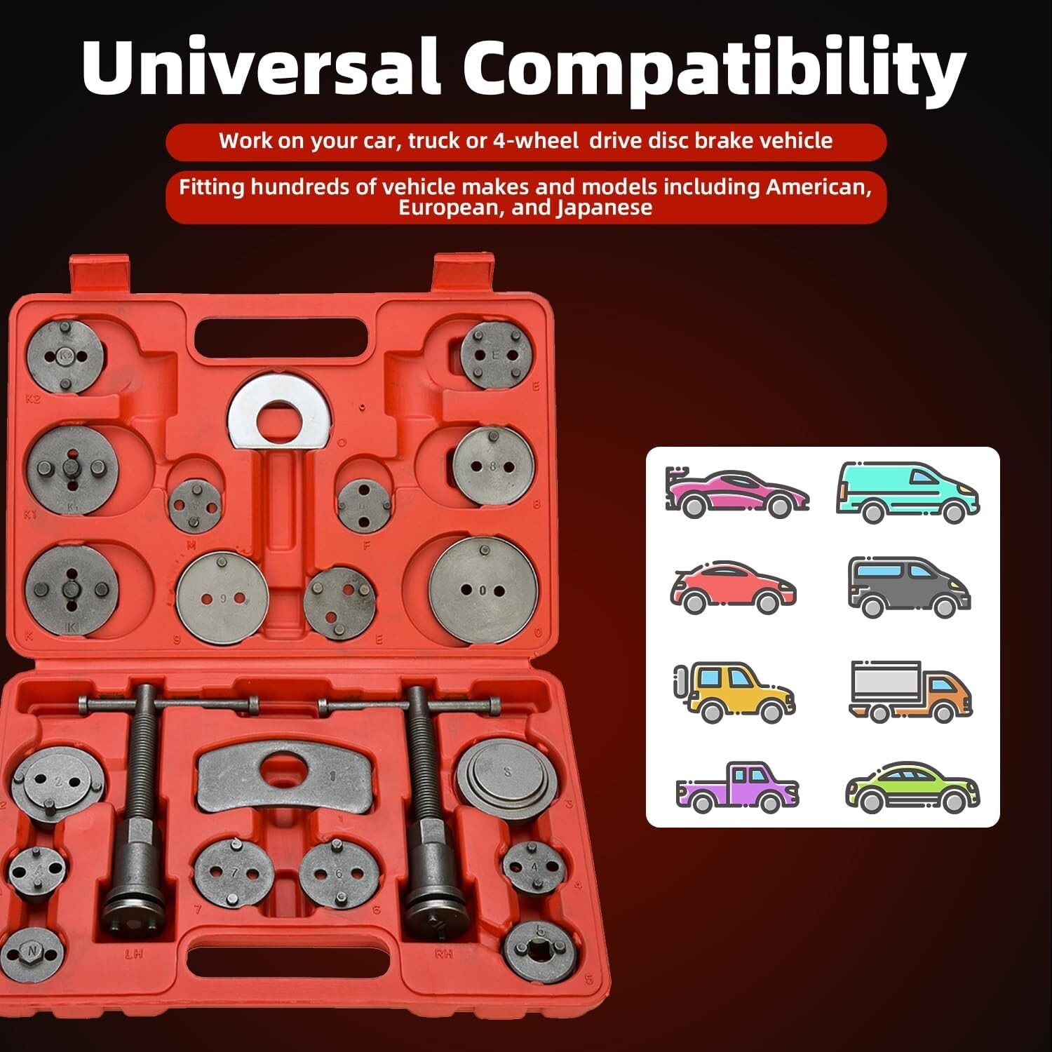 24Pcs Disc Brake Caliper Tool Kit Front Rear Brake Piston Compression Tool Set