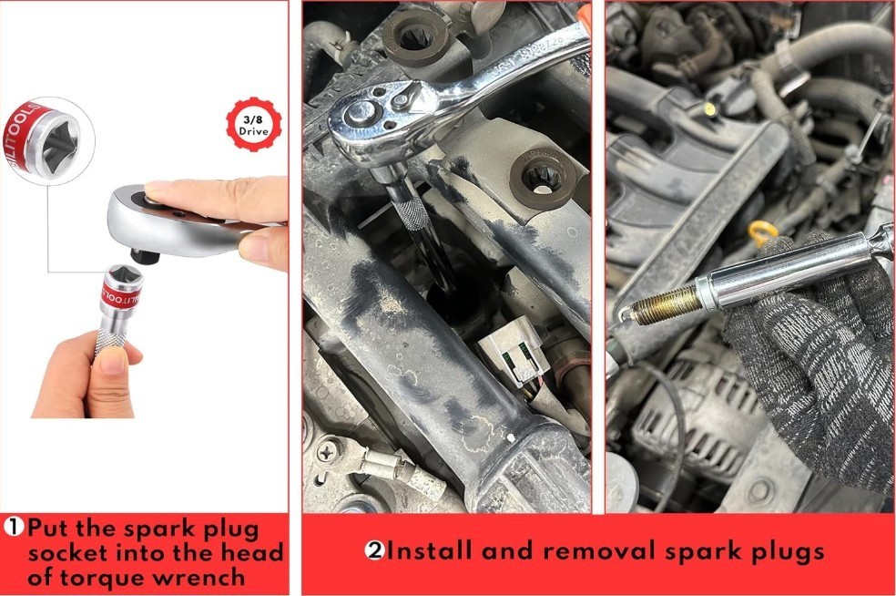 BILITOOLS 7-Piece Magnetic Swivel Spark Plug Socket Set Gap Tool 3/8-Inch Drive