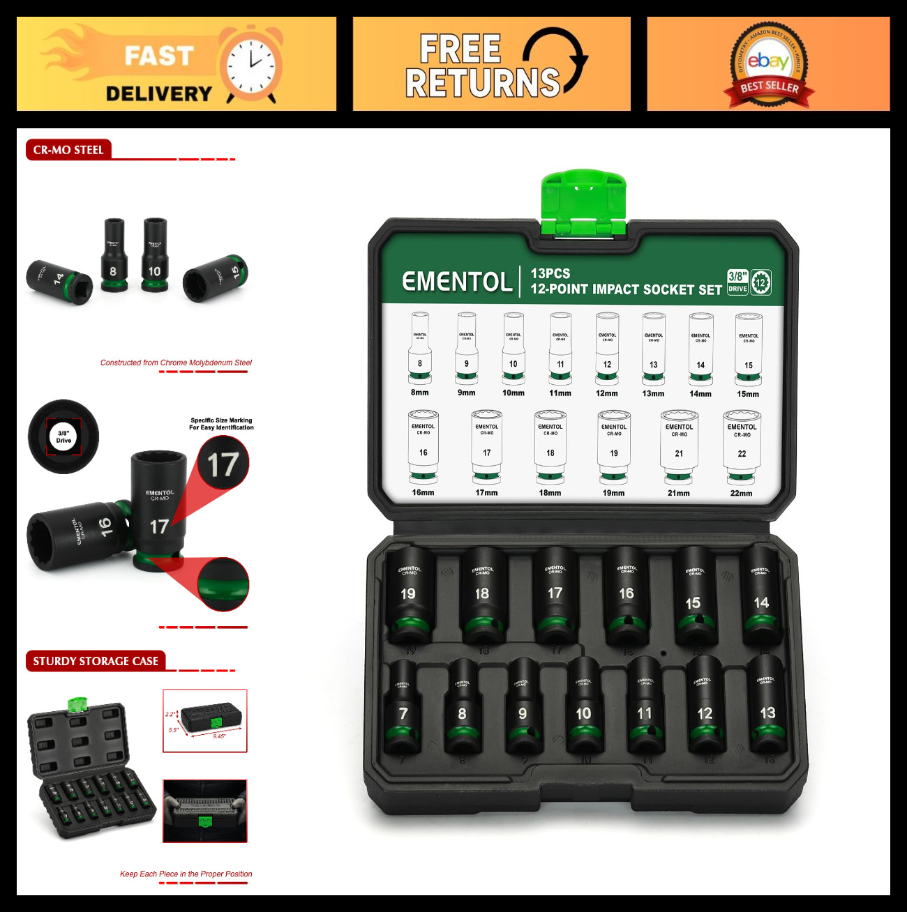 13-Piece 3/8″ Drive Impact Socket Set – Semi-Deep Metric Sockets (7-19mm) 12 Poi