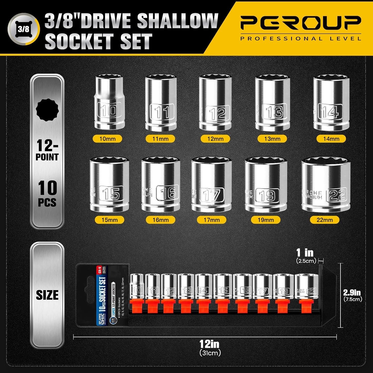 3/8 Inch Drive Socket Set – 10 Piece Metric 12-Point Shallow Socket Set 10mm,…