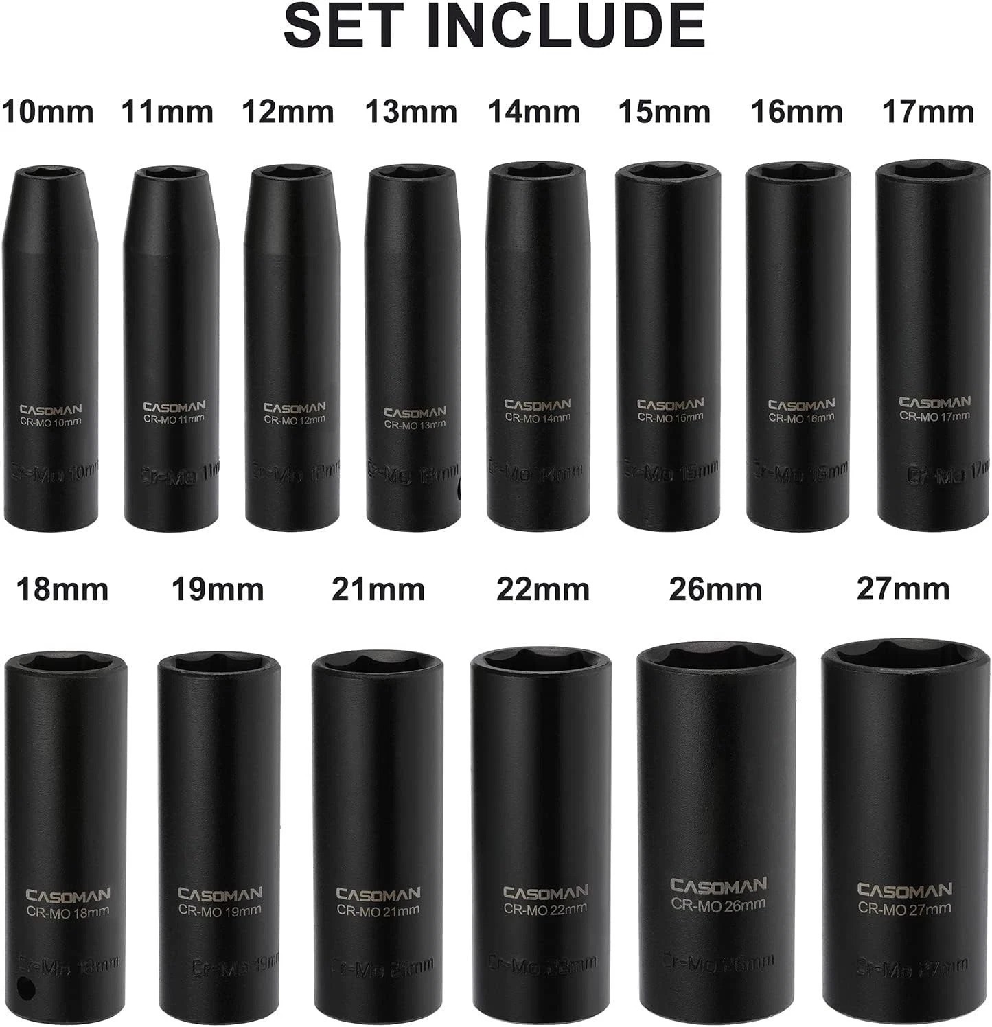 1/2-Inch Drive Deep Impact Socket Set, 14 Pieces Set, 10mm-27mm, CR-MO, Metri…