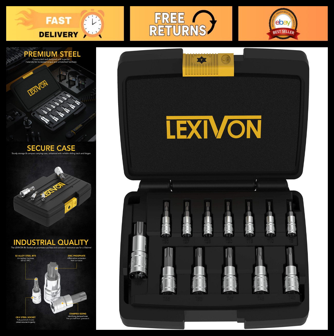 13-Piece Torx Bit Socket Set, Premium S2 Steel, T8-T60, Enhanced Storage Case