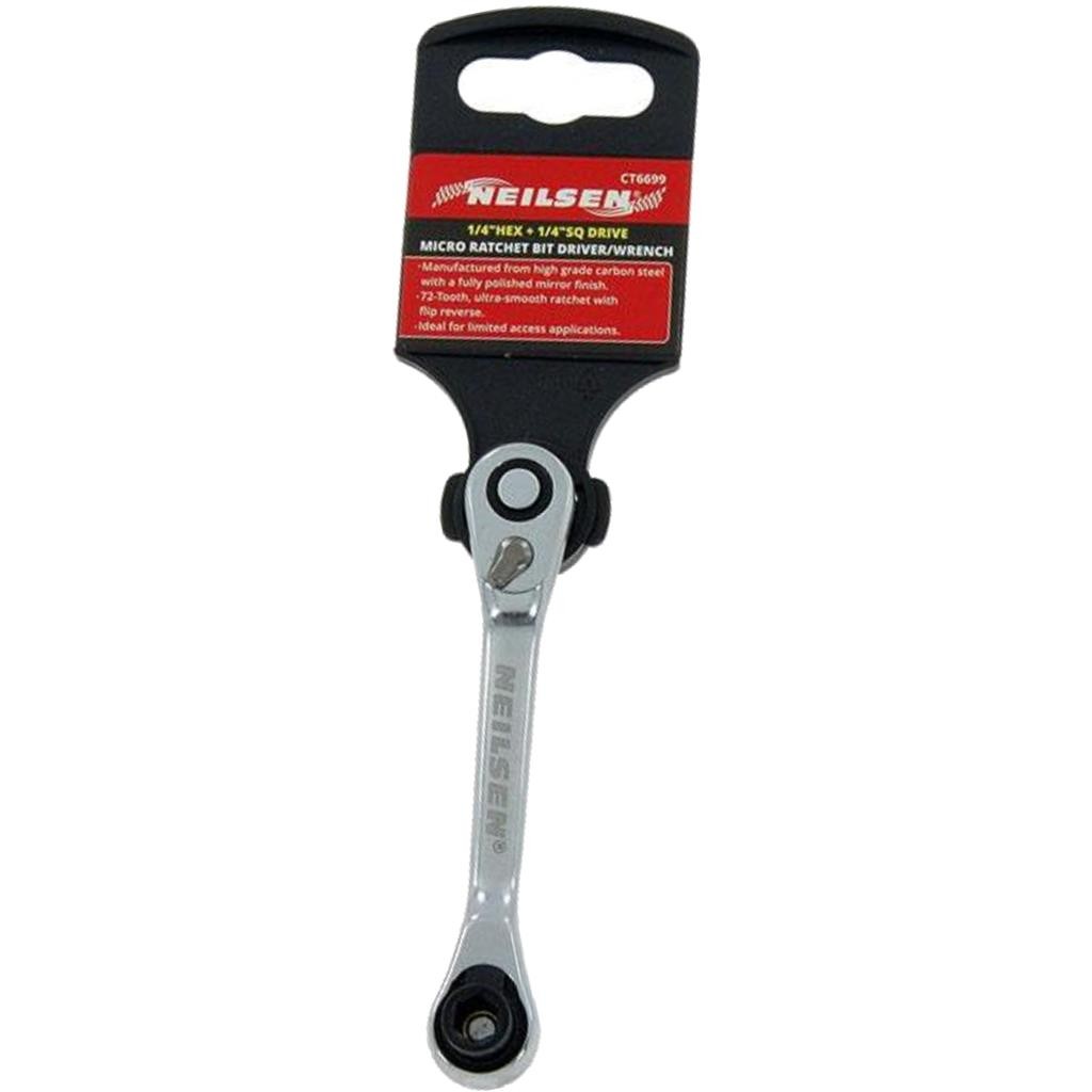 Neilsen Stubby Square Drive Micro Ratchet Bit Driver Wrench 1/4″ Hex To 1/4″