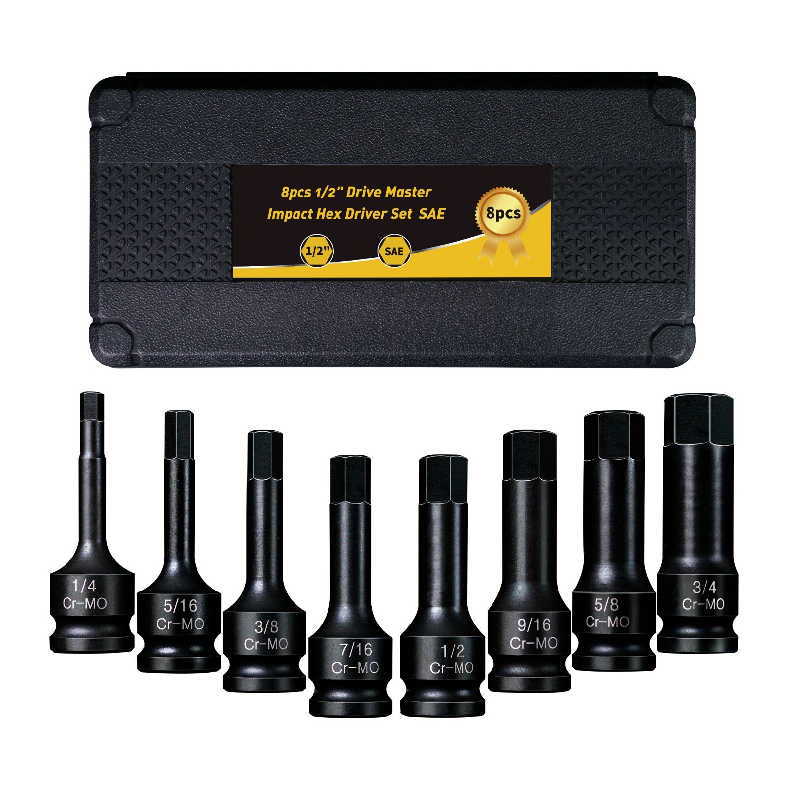 8 PCS 1/2 » Drive SAE Hex Impact Socket Set, 1/4″ to 3/4″, Master Impact,Cr-Mo