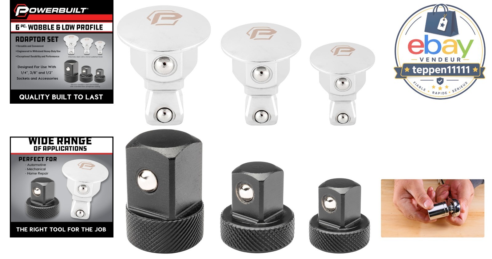 Wrench Wobble Adapter Set 6 Piece Low Profile Socket 1/4 3/8 1/2 Inch