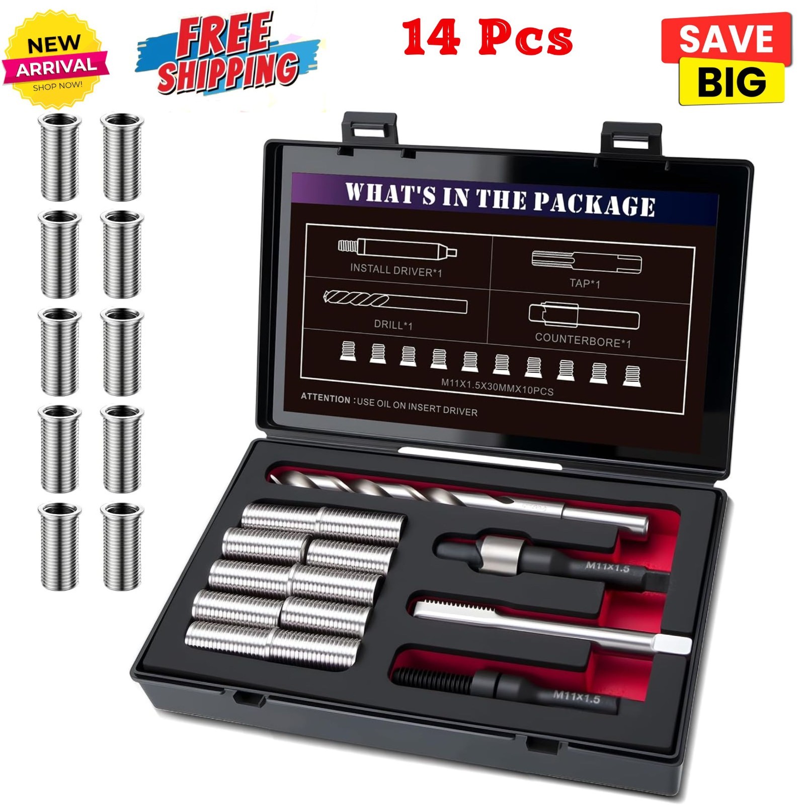 M11x1.5x30MM Metric Thread Repair Kit w/ Insert HSS Drill, Tap, Counterbore