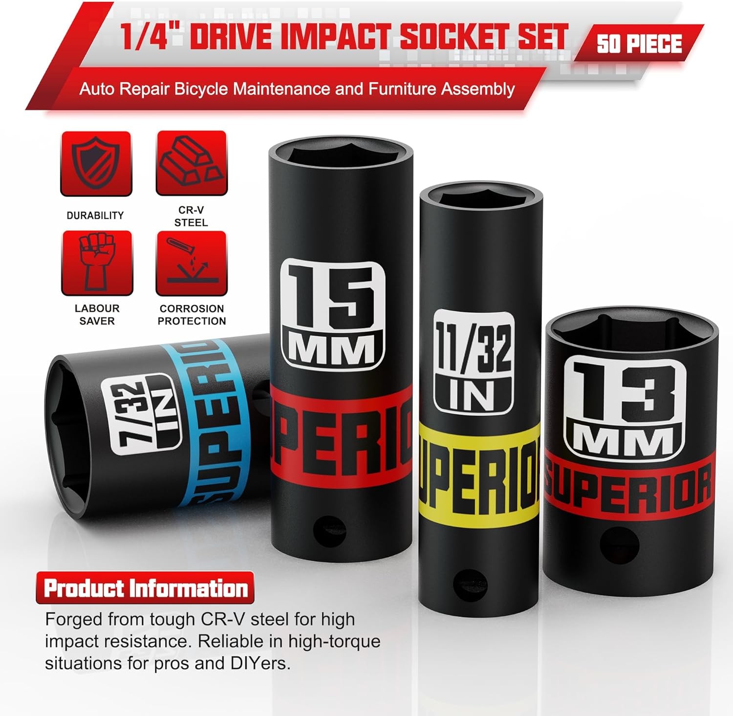 50pc 1/4″ Drive Impact Socket Set SAE & Metric Deep/Shallow 4-15mm 5/32-9/16