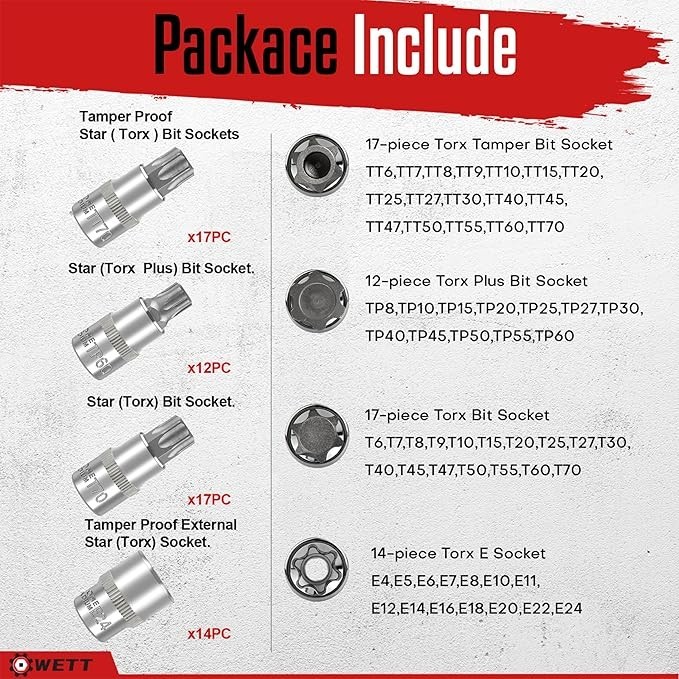 Master Torx Bit Socket and External Torx Socket Set, 60-Piece 1/4″, 3/8″, 1/2″
