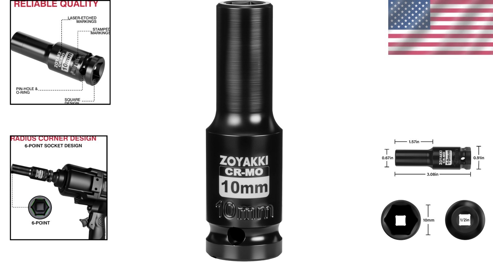 10mm Metric 6 PT Impact Socket for 1/2″ Drive – Laser-Etched for Precision