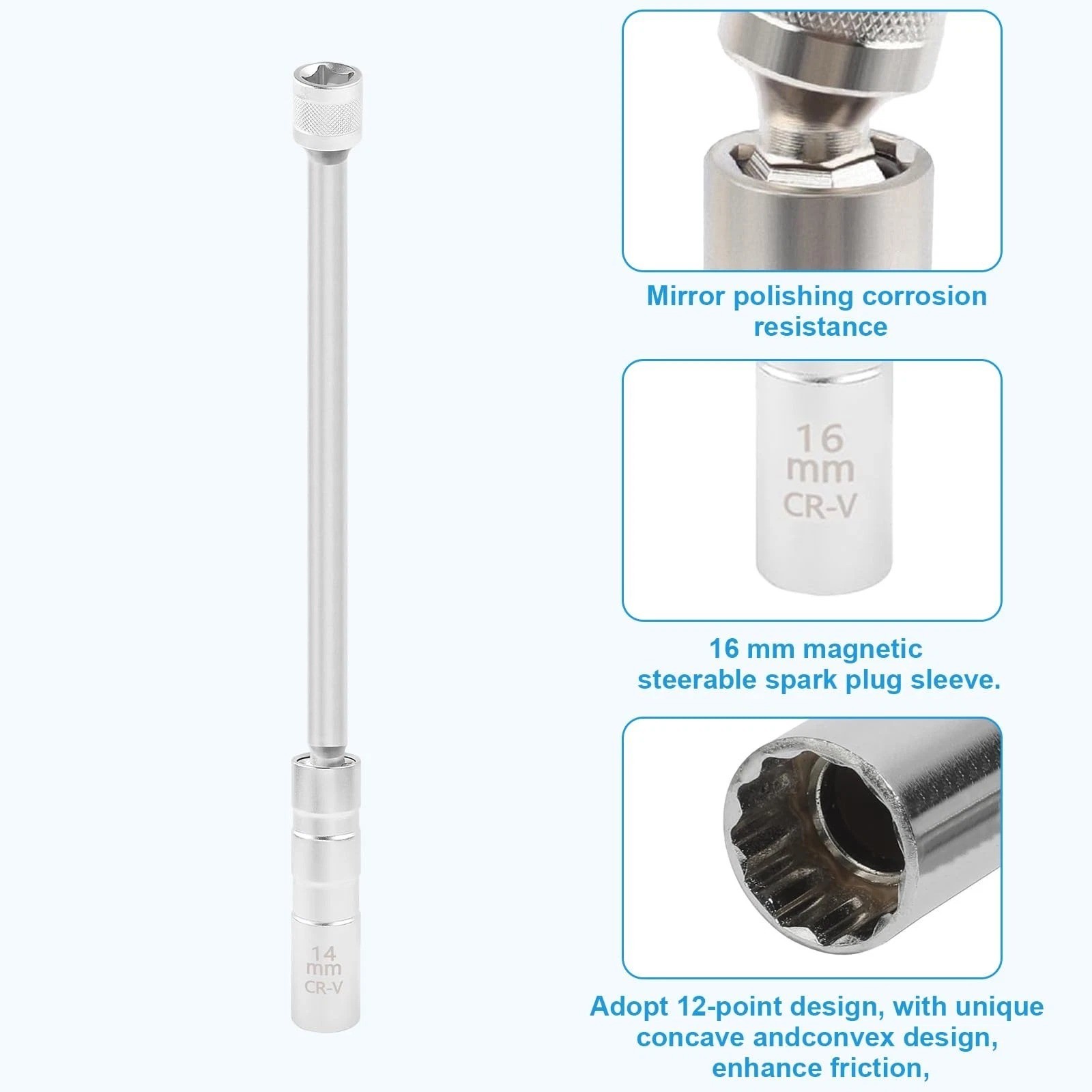 New 14MM Thin Wall Magnetic Swivel Spark Plug Socket 12-Point Removal Tool