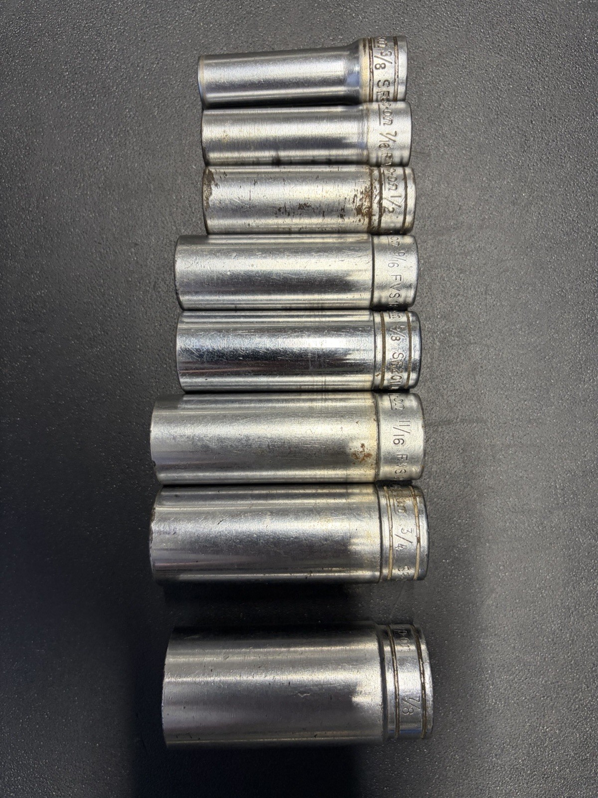 Snap-on 3/8” Deep Socket Set Sae 12 Point 3/8”—3/4”, 7/8 Rough Condition