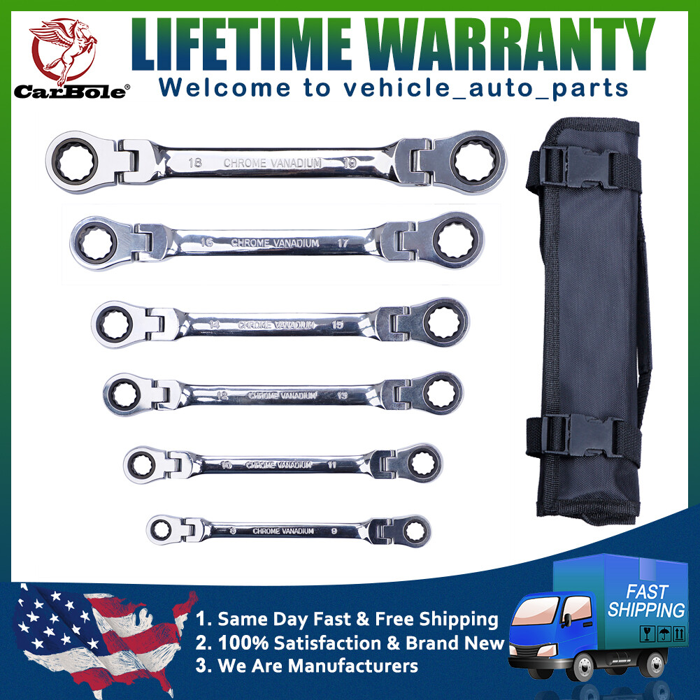 6X Double Box End Ratcheting Wrench Flex-Head Extra Long Spanner Set Metric NEW
