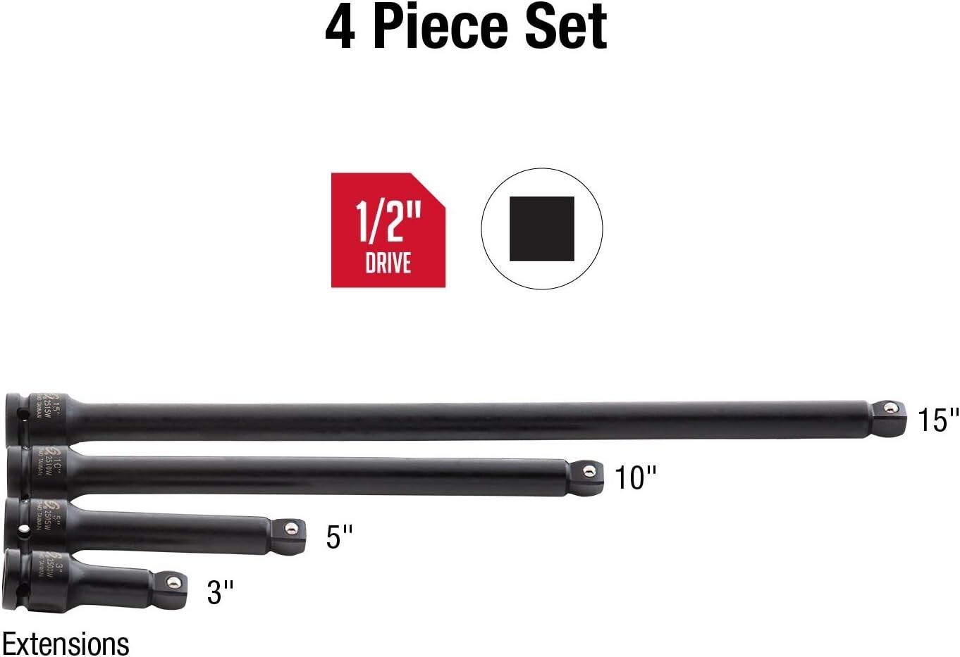 1/2 Inch Drive Impact Extension Set, 4 Piece, SAE, 3 Inch – 15 Inch, Cr-Mo St…