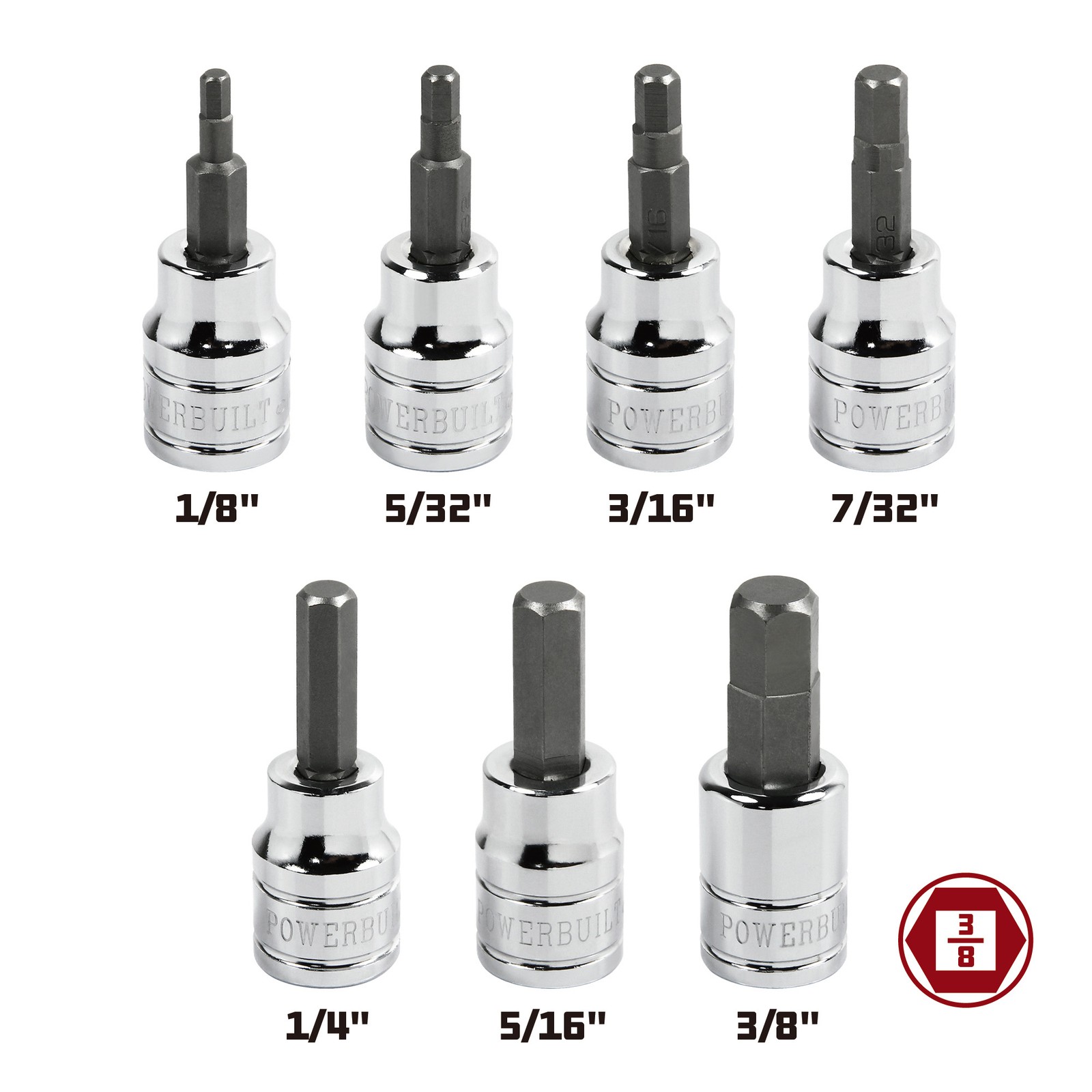 Powerbuilt 7 Piece 3/8 Inch Drive SAE Hex Bit Socket Set – 648661