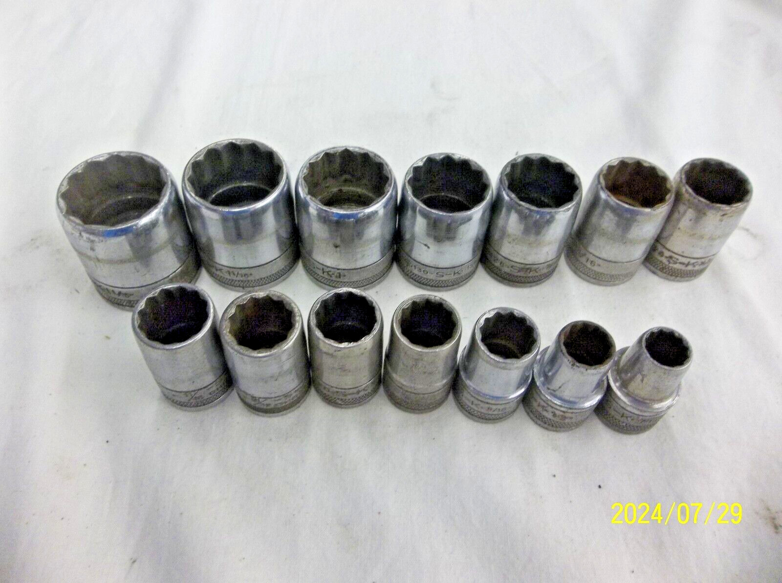 SK Tools 1/2″ Drive 12pt SAE Socket 14pc Set – 7/16″ to 1-1/8″ – vintage usa
