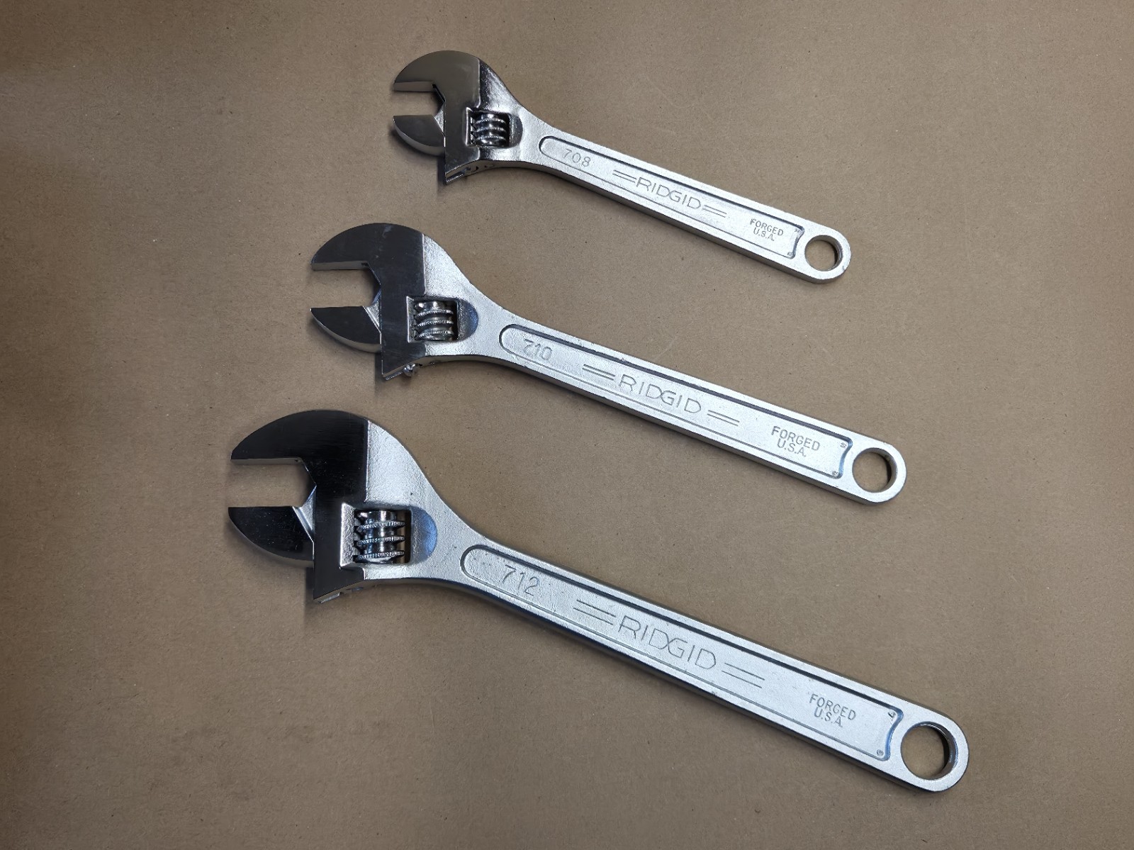NOS USA Ridge Tool Co Ridgid 3 Pc Adjustable Wrench Set 8″ 10″ 12″ 708 710 712