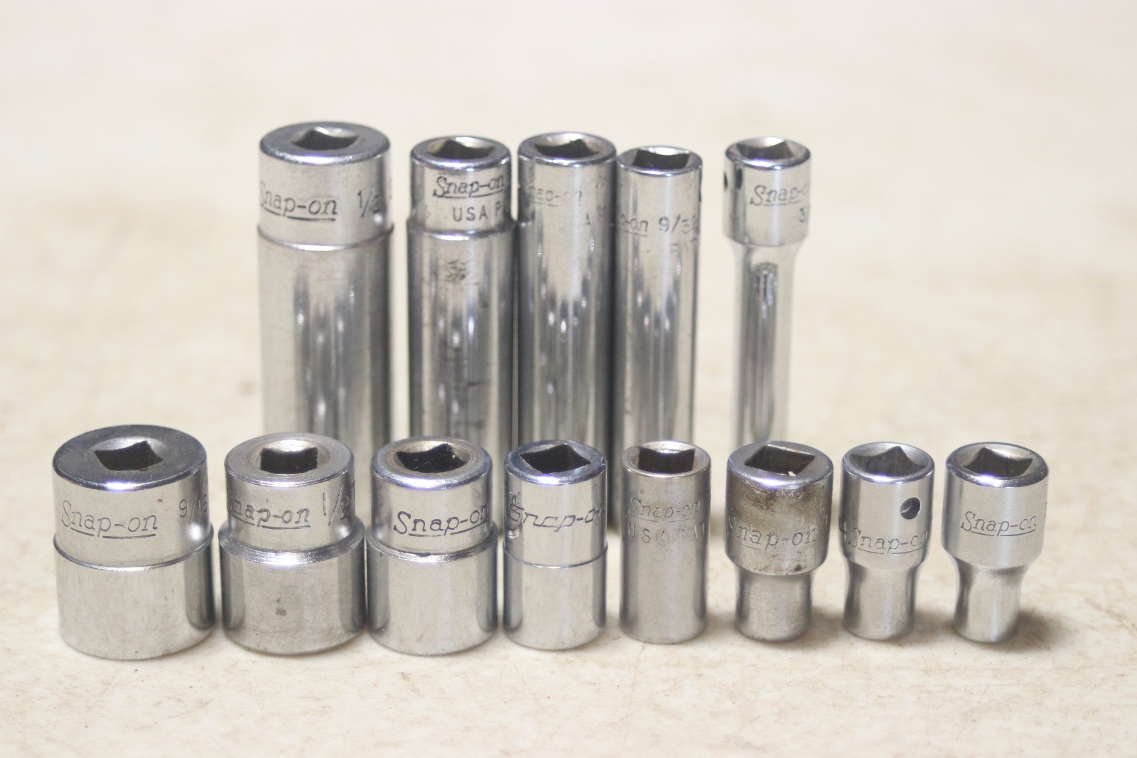 Lot of 13 Snap On 1/4 Inch Drive SAE 6 Point Sockets 3/16 to 9/16