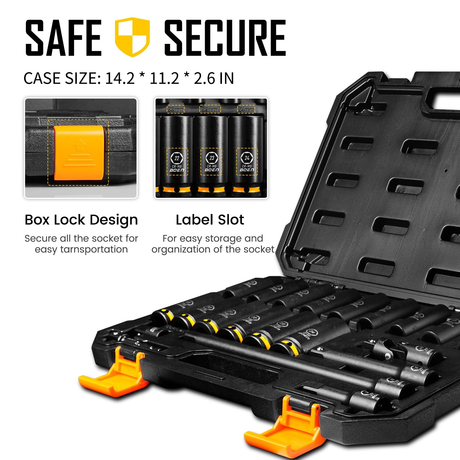 BOEN Pro 1/2″ Drive Metric Deep Impact Socket Set, 21-Piece CR-MO &CR-V Steel