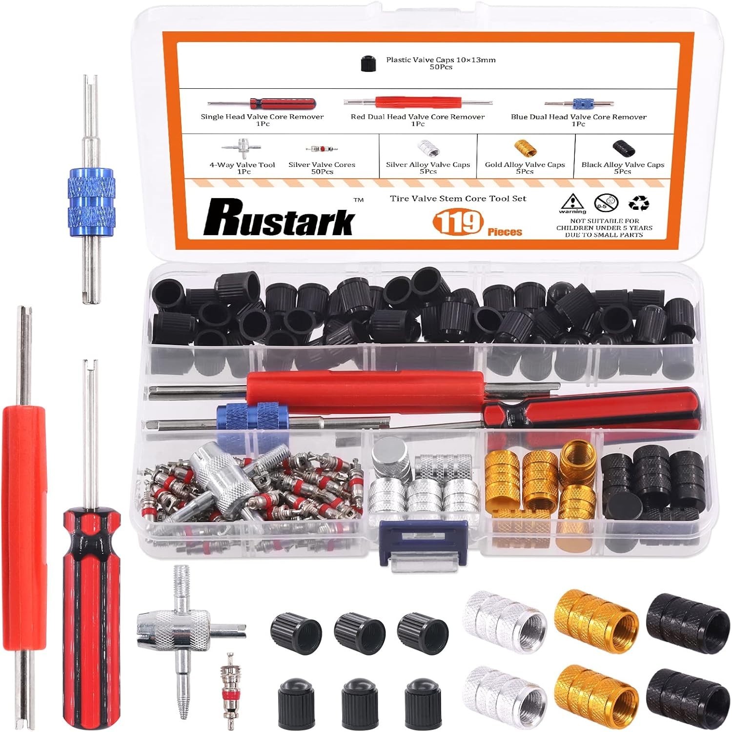 119Pcs Valve Core Remover Tools with Aluminum Tire Valve Stem Caps, Valve Cor…