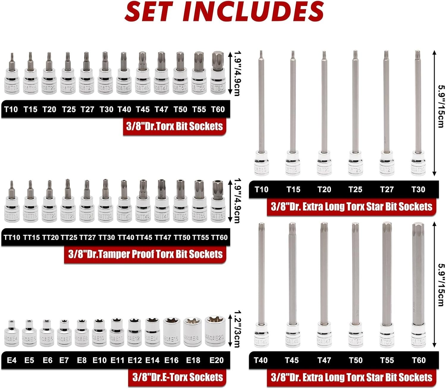 48-Piece Extra Long 3/8″ Drive Master Torx Socket Set – CR-V & S2 Steel