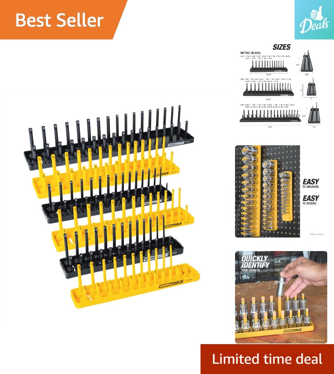 Versatile Socket Holder: 6-Piece Black & Yellow Tray Set for All Drive Sizes
