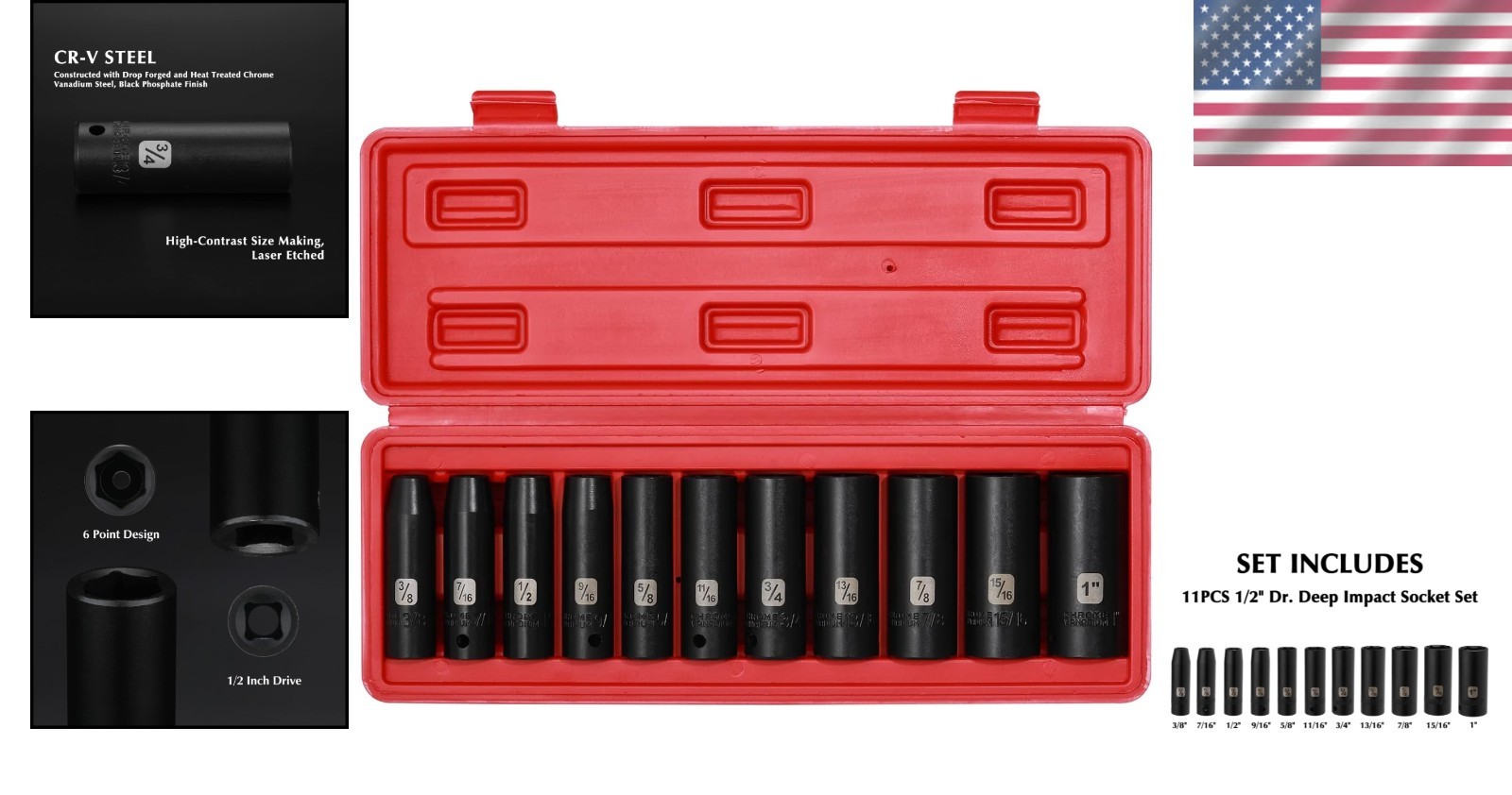 Complete 11PCS Deep Impact Socket Set – Chrome Vanadium Steel with Storage Case