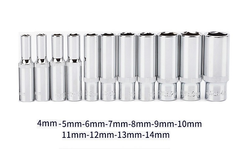 11pc Cr-V 1/4″ Dr 6pt 50mm Length Deep Socket Set: 4-5-6-7-8-9-10-11-12-13-14mm