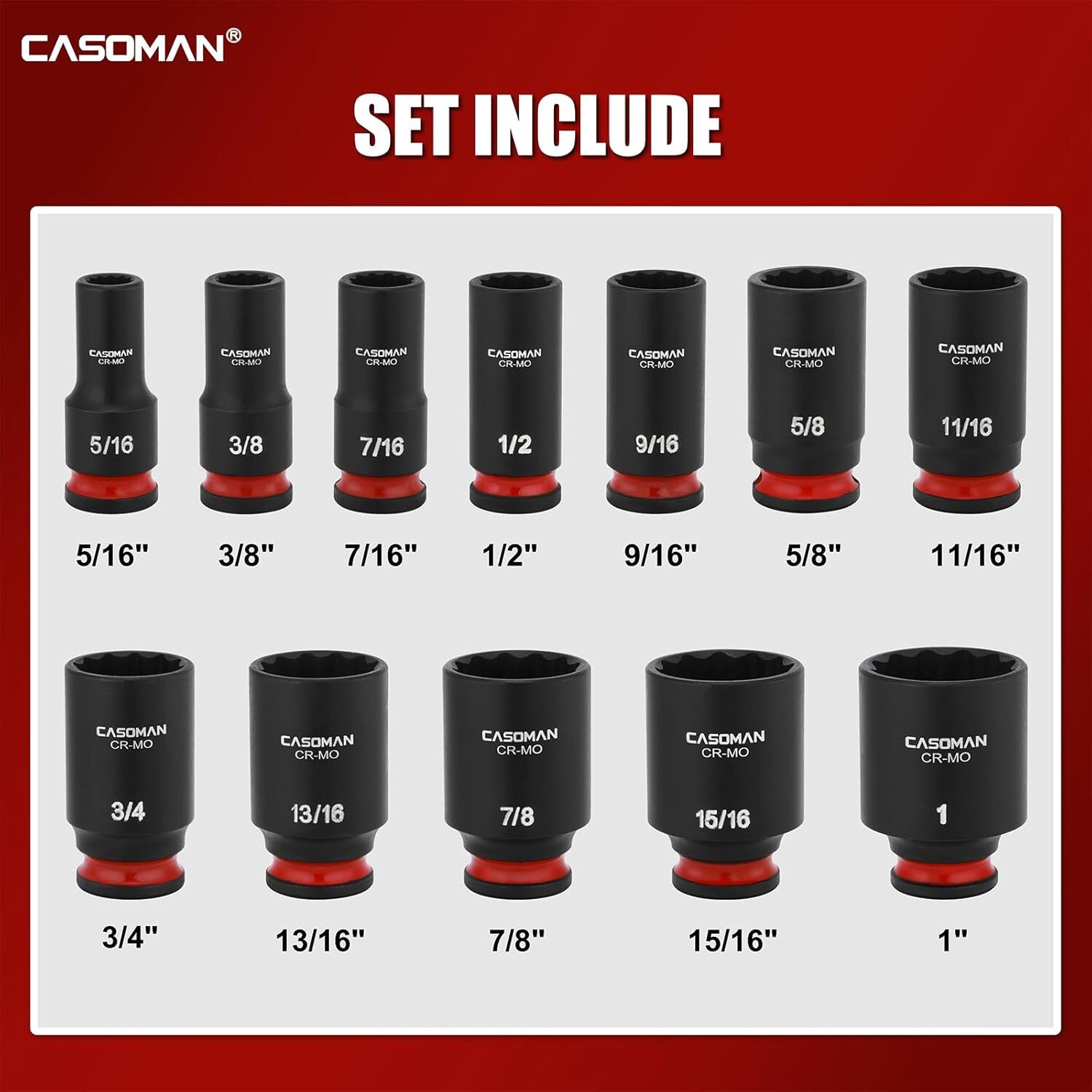 12 PCS 3/8″ Drive Mid-Length Impact Socket Set 12-Point SAE, 5/16″ to 1″ CR-MO