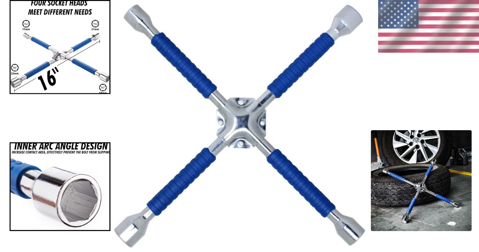 Universal 4-Way Lug Wrench – 16” Heavy-Duty Carbon Steel Tool for All Vehicles