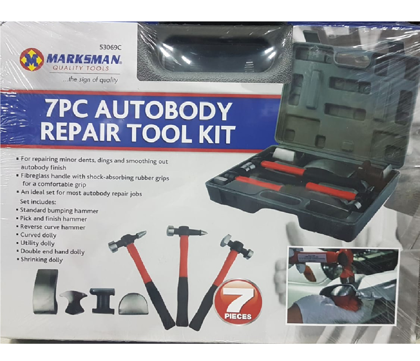 7 PC Car Auto Body Panel Repair Tool Kit with Fibreglass Handles Beating Hammer