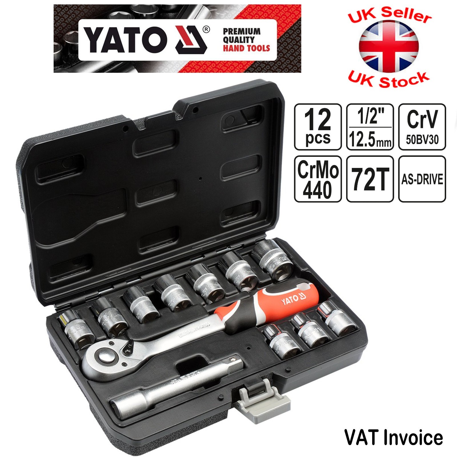 Yato Professional 12 pcs Ratchet Socket Set 1/2″ Tools Toolbox YT-38671